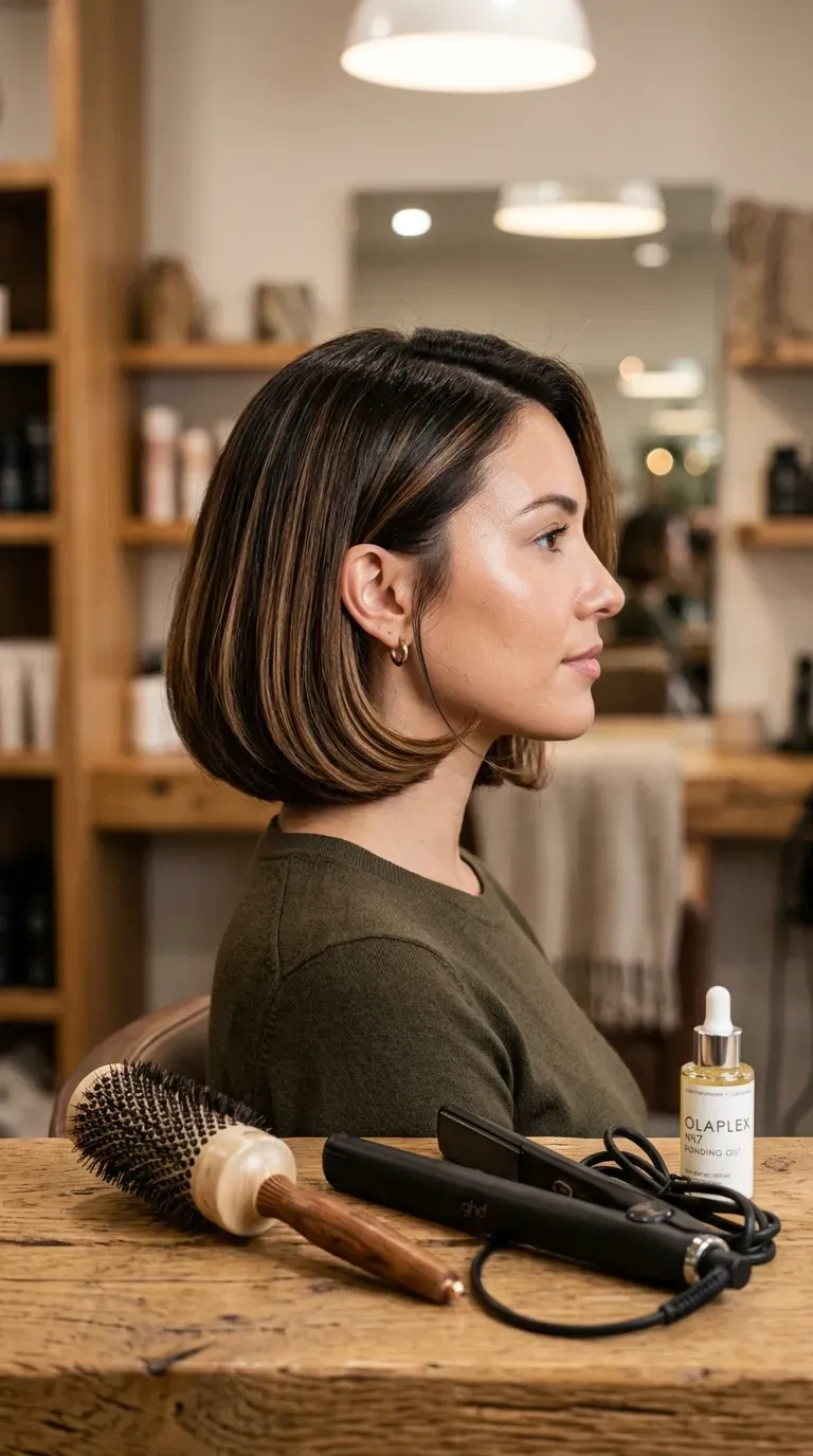 Classic chin-length bob with soft caramel balayage and glossy finish