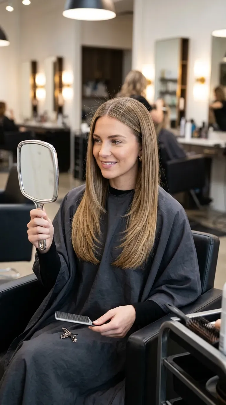 Woman with long layered straight hair styled with a precise center part