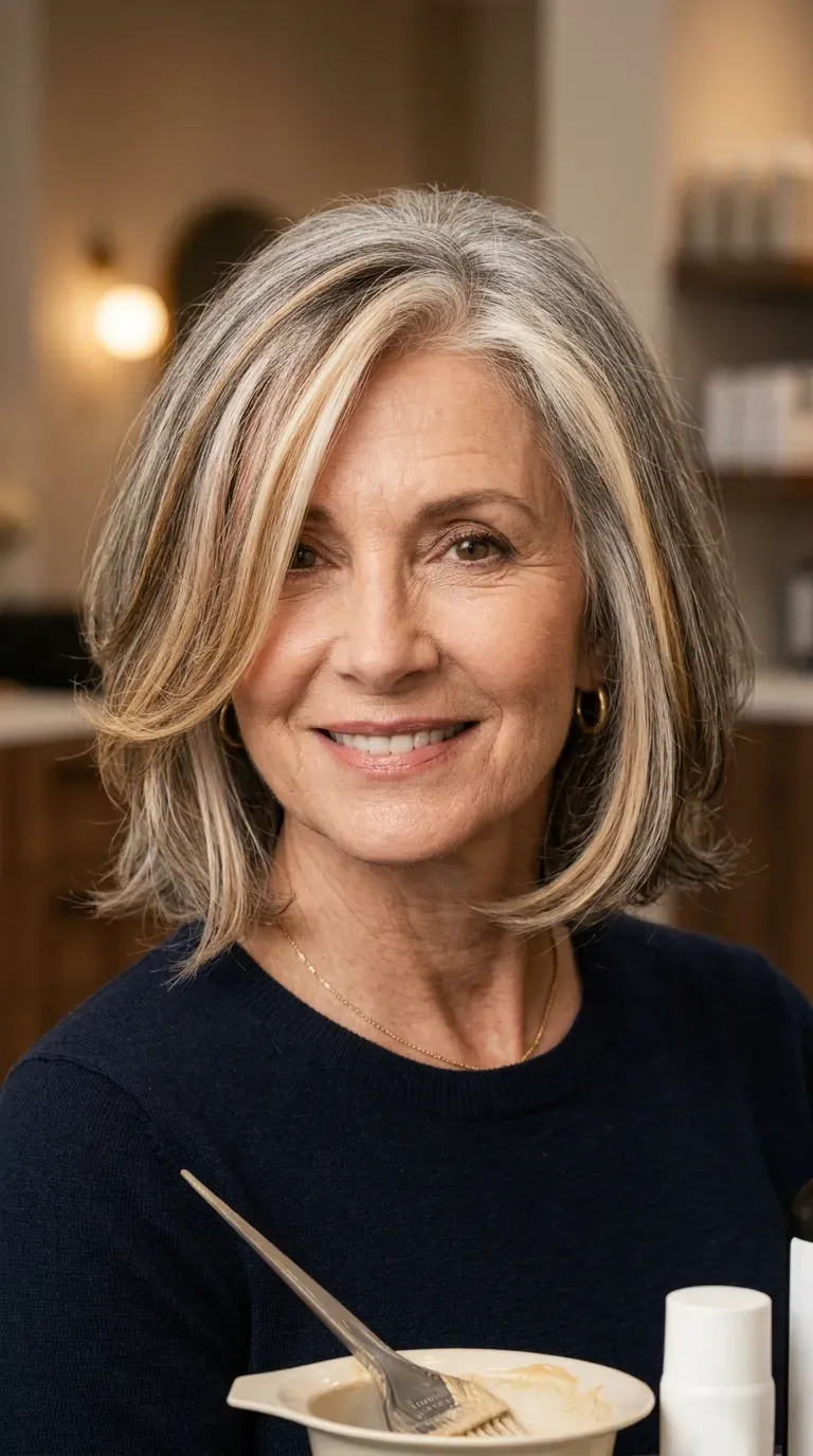 Woman over 60 with brightened face-framing front layers lit softly around the cheekbones