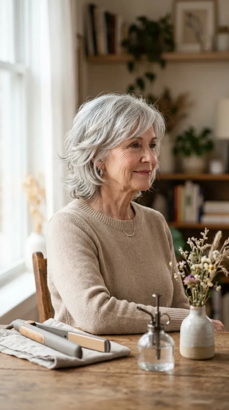 Woman over 70 with a chic layered shag haircut showing soft, refined texture