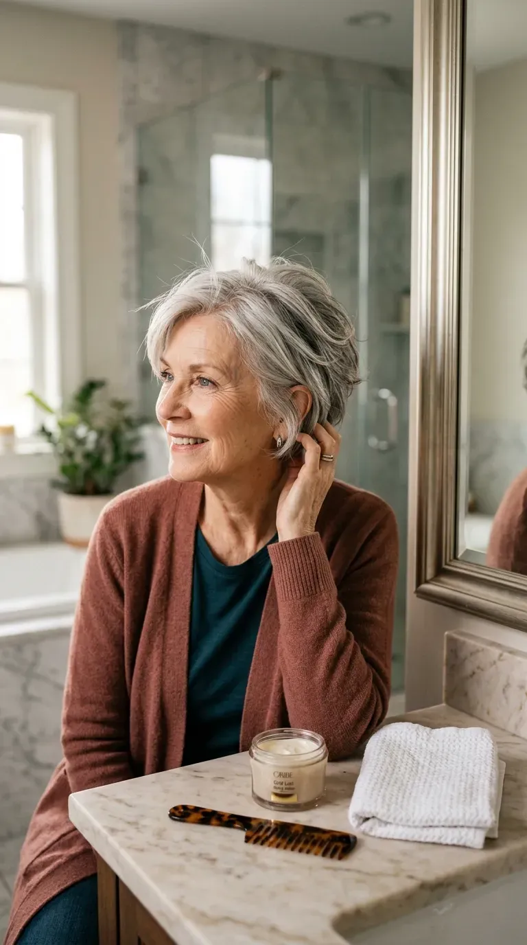 Woman over 70 with a short haircut featuring soft, chic layers throughout