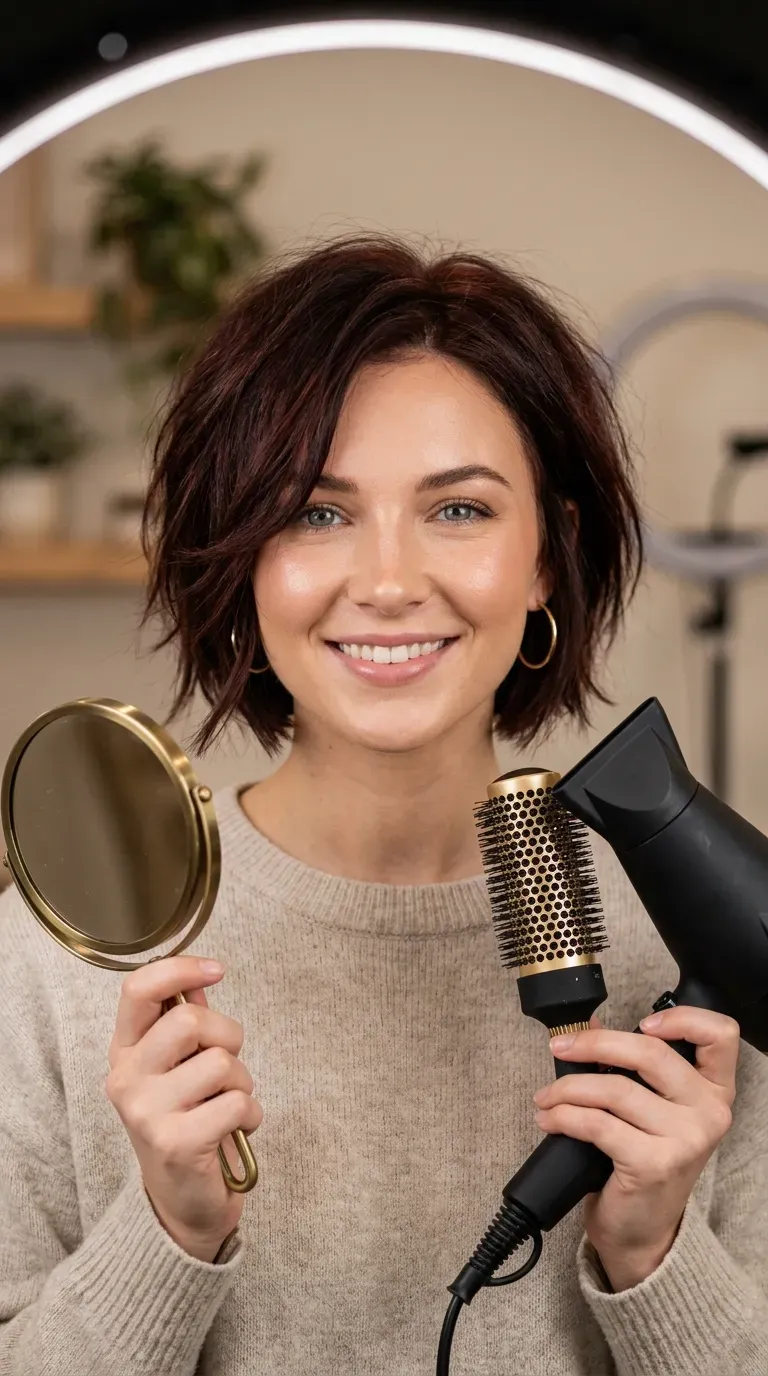 Woman with a chin-framing layered bob elongating the face shape