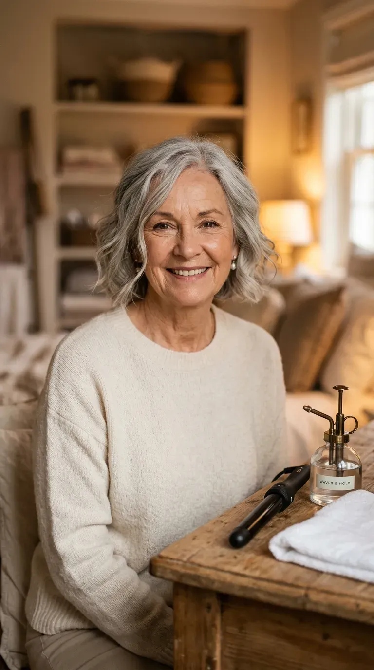 Woman over 70 with a chin-length bob styled with soft, gentle waves