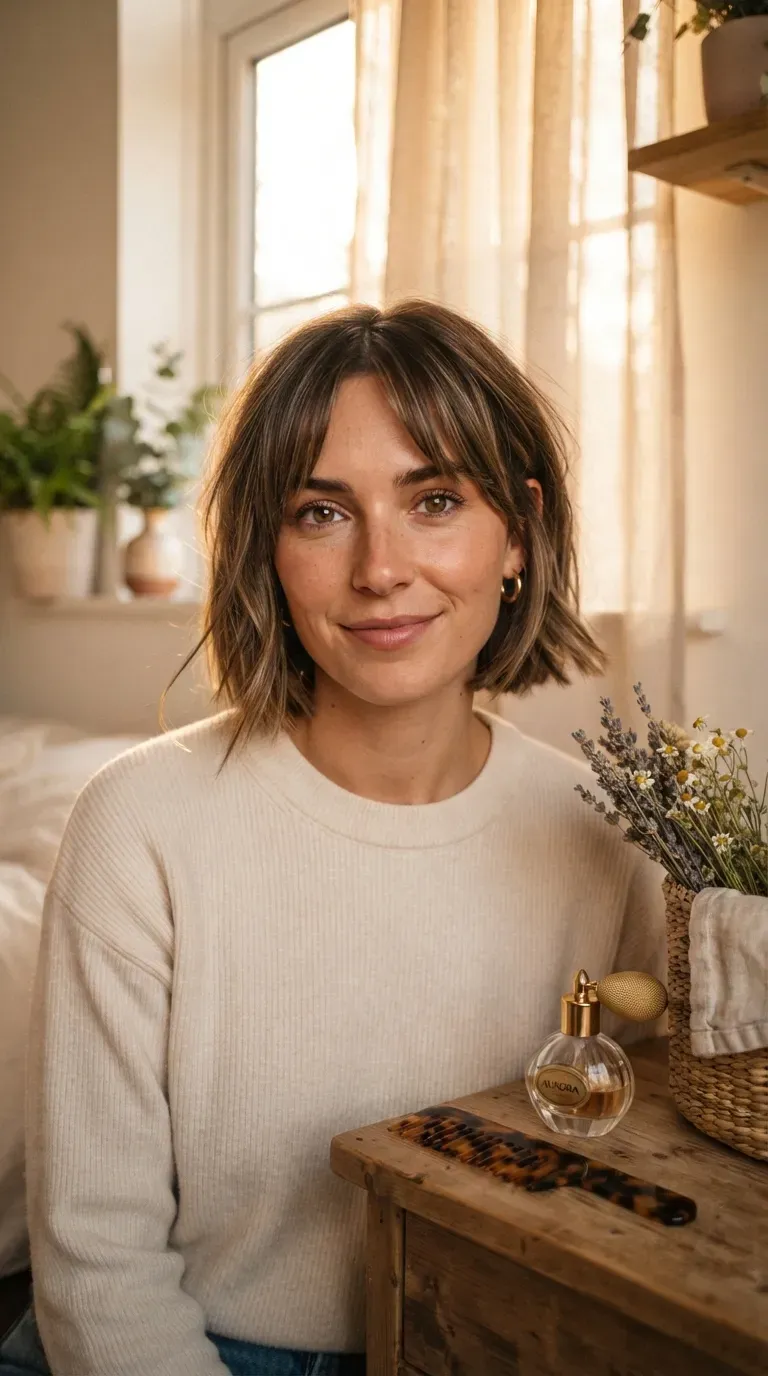 Chin-length choppy bob with soft curtain bangs framing the face in warm light