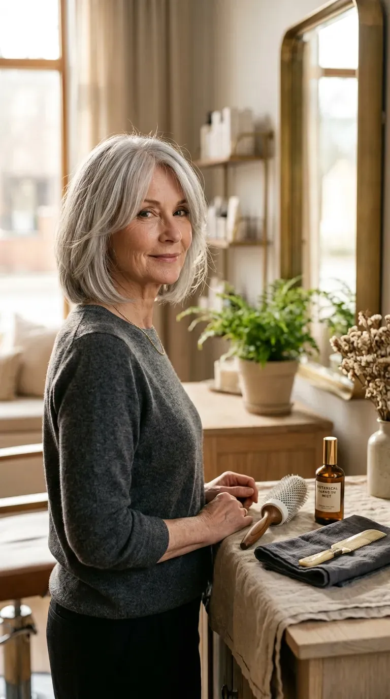Woman over 60 with silver chin-length curtain front layers parted softly down the center