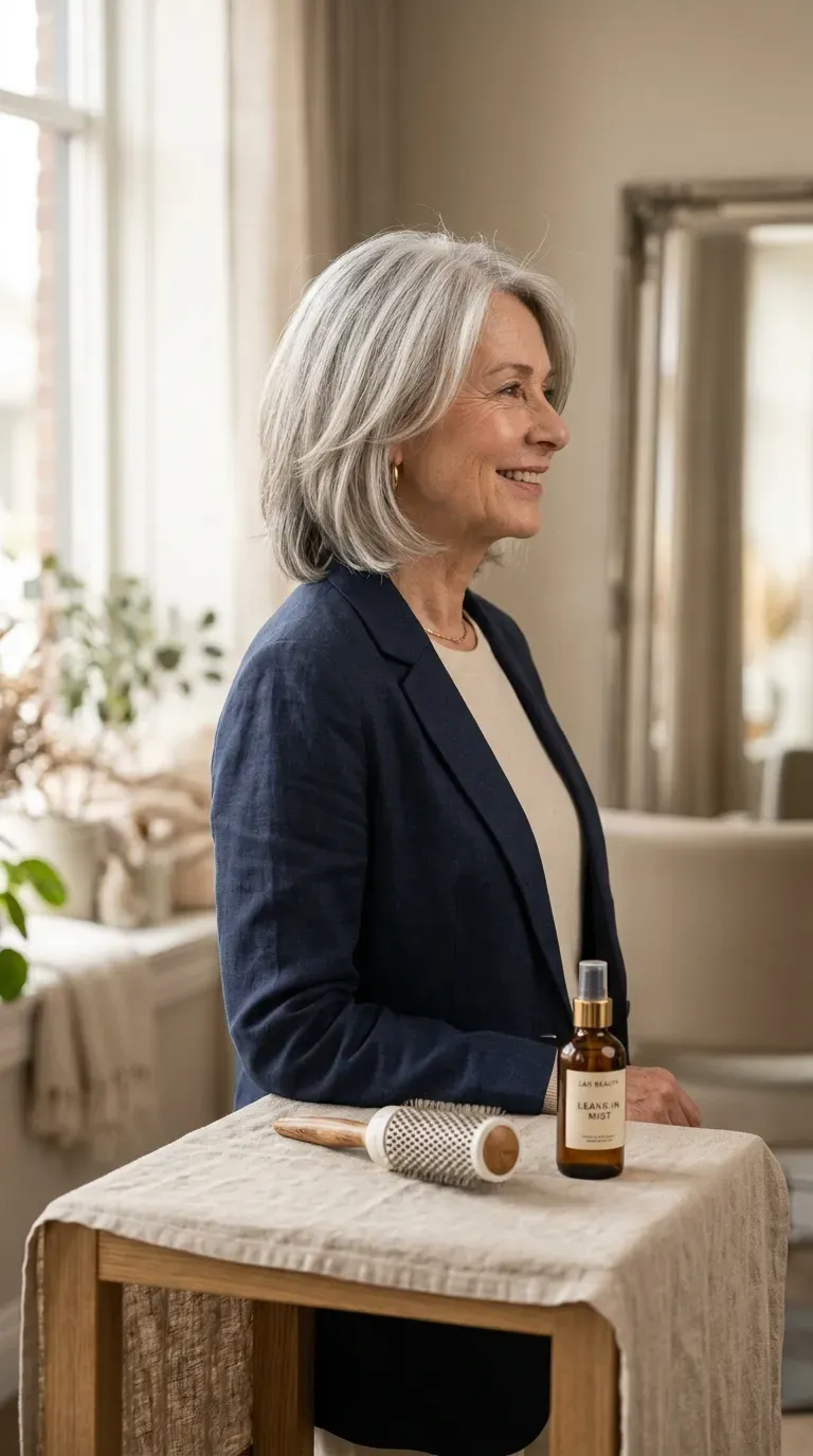 Woman over 60 with silver chin-length curtain layers parted softly down the center