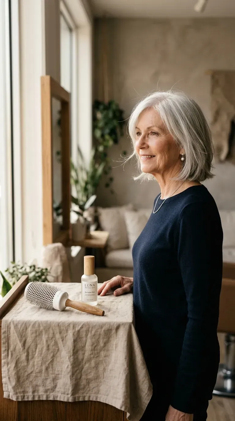 Elegant woman over 70 with silver chin-length layers parted softly down the center