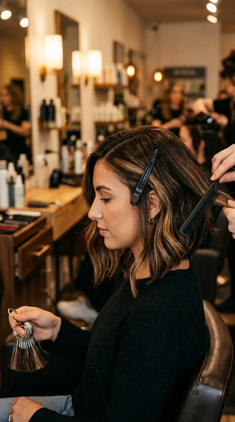 Asymmetrical bob with layered chocolate and caramel balayage tones