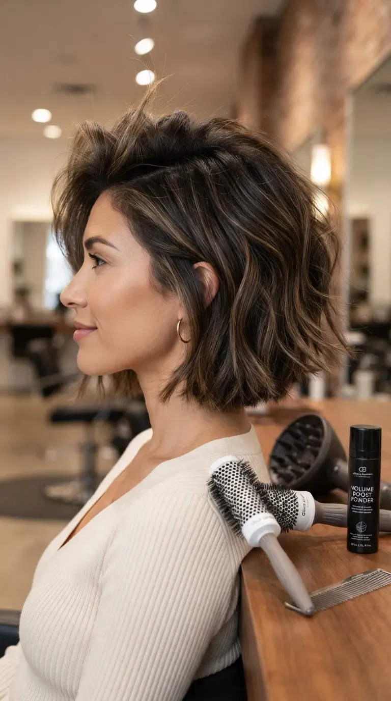 Side profile of a choppy A-line bob, shorter in the back and longer toward the front