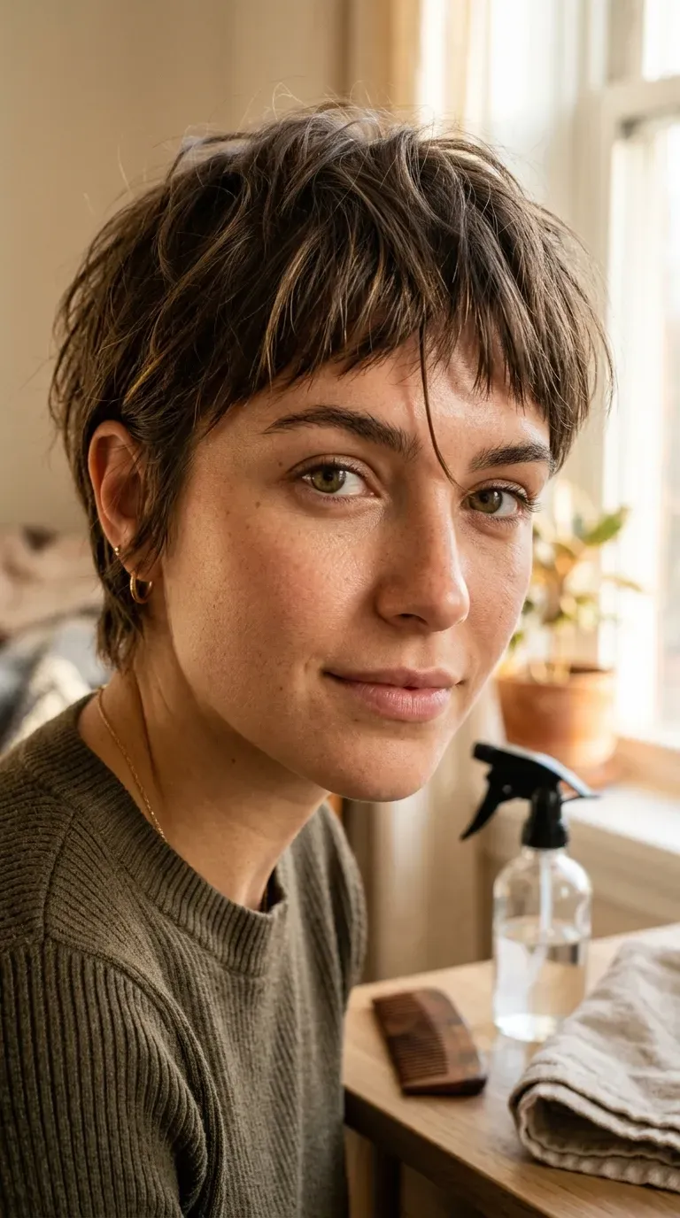 Close-up of a shaggy pixie with choppy, piecey bangs falling across the brow