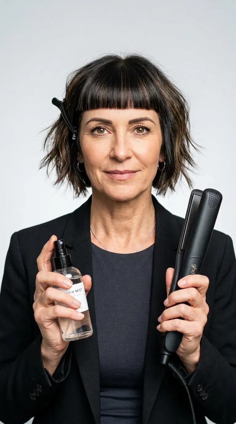 Woman over 60 with a choppy bob paired with a precise blunt fringe