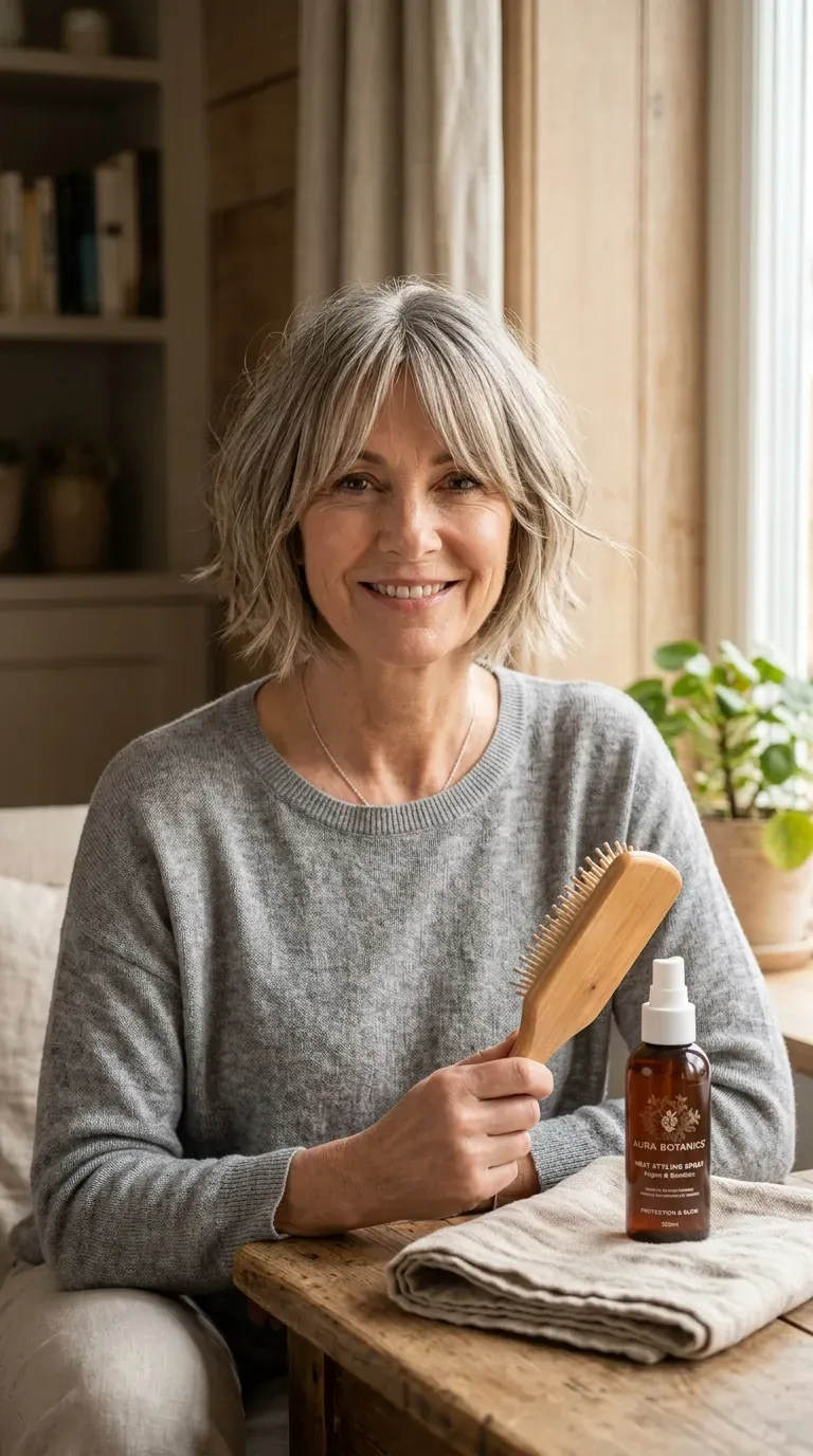 Woman over 60 with a choppy bob paired with soft curtain bangs