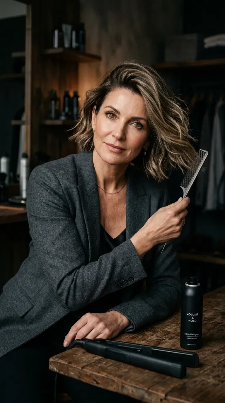 Woman over 60 with a choppy bob styled with a deep, dramatic side part