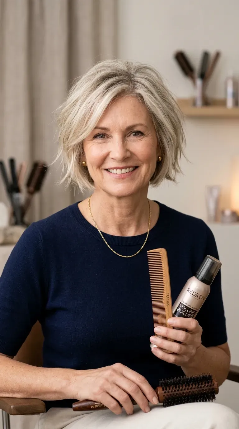 Woman over 60 with a choppy bob styled to add fullness to fine, thinning hair