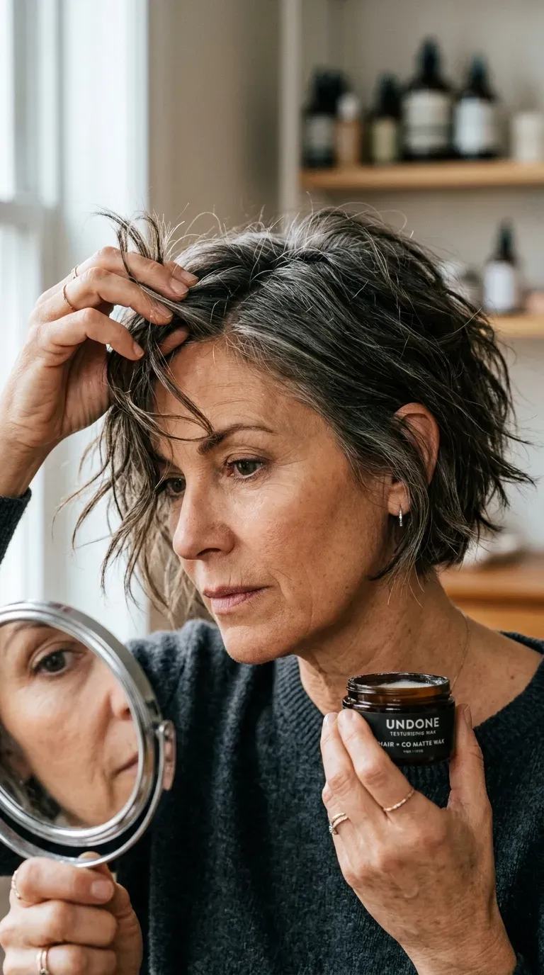 Woman over 60 with a choppy bob featuring piecey, separated ends