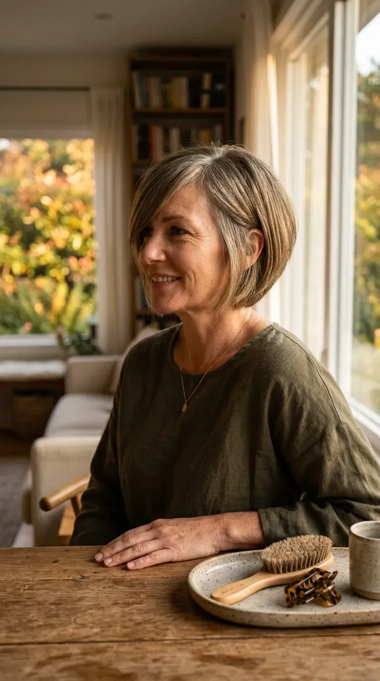 Woman over 60 with a choppy bob and long side-swept fringe