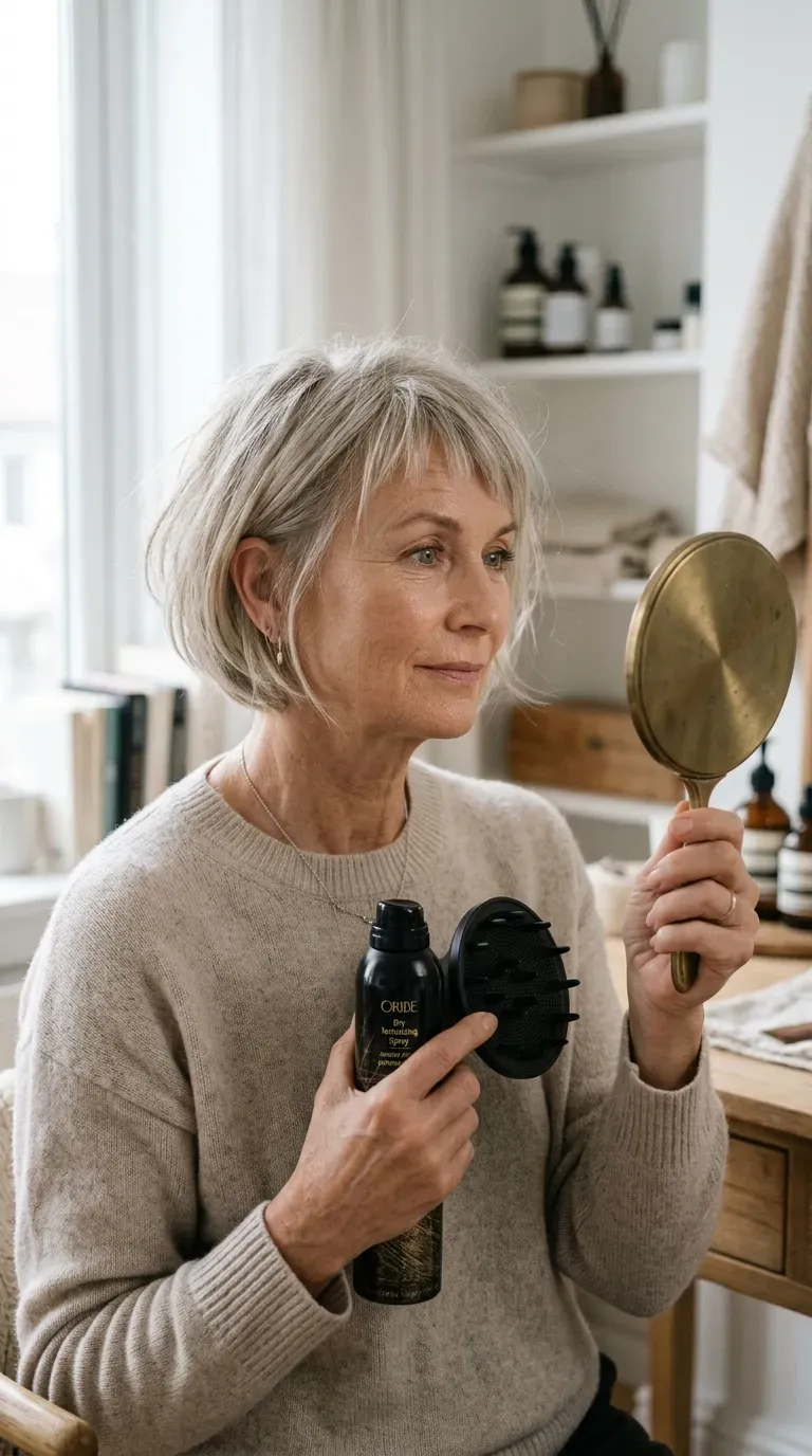 Woman over 60 with a choppy bob and short, textured wispy fringe