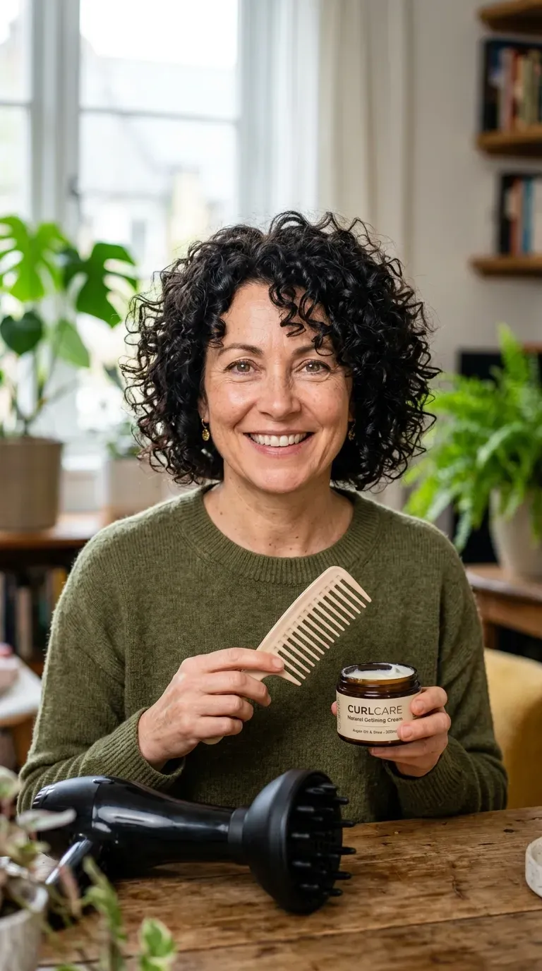 Woman over 60 with a choppy bob styled to define thick, naturally curly hair