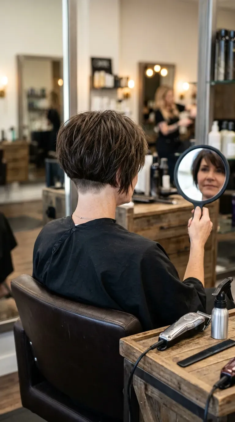 Woman over 60 with a choppy bob featuring a subtly shaved undercut at the nape