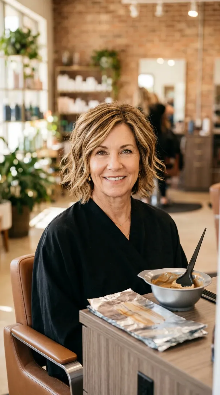 Woman over 60 with a choppy bob featuring warm, dimensional highlights throughout