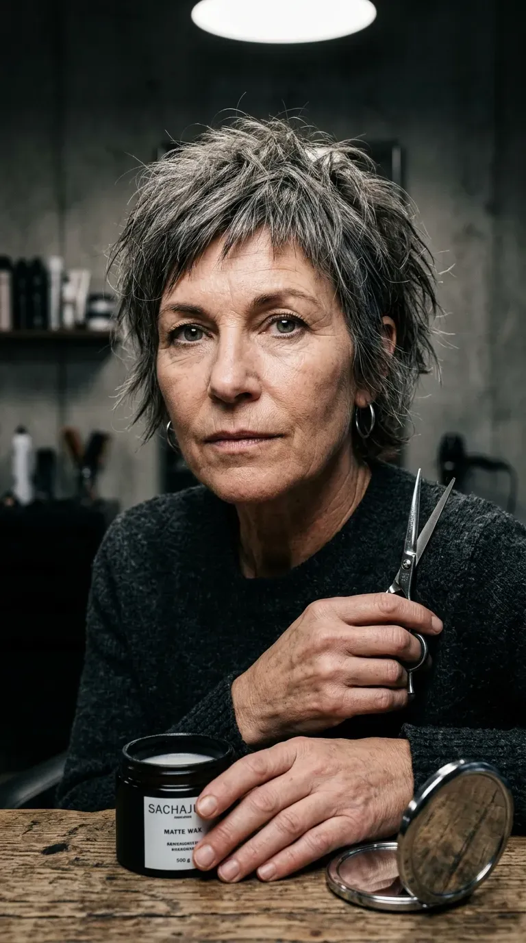 Woman over 60 with a short, choppy cropped bob above the shoulders