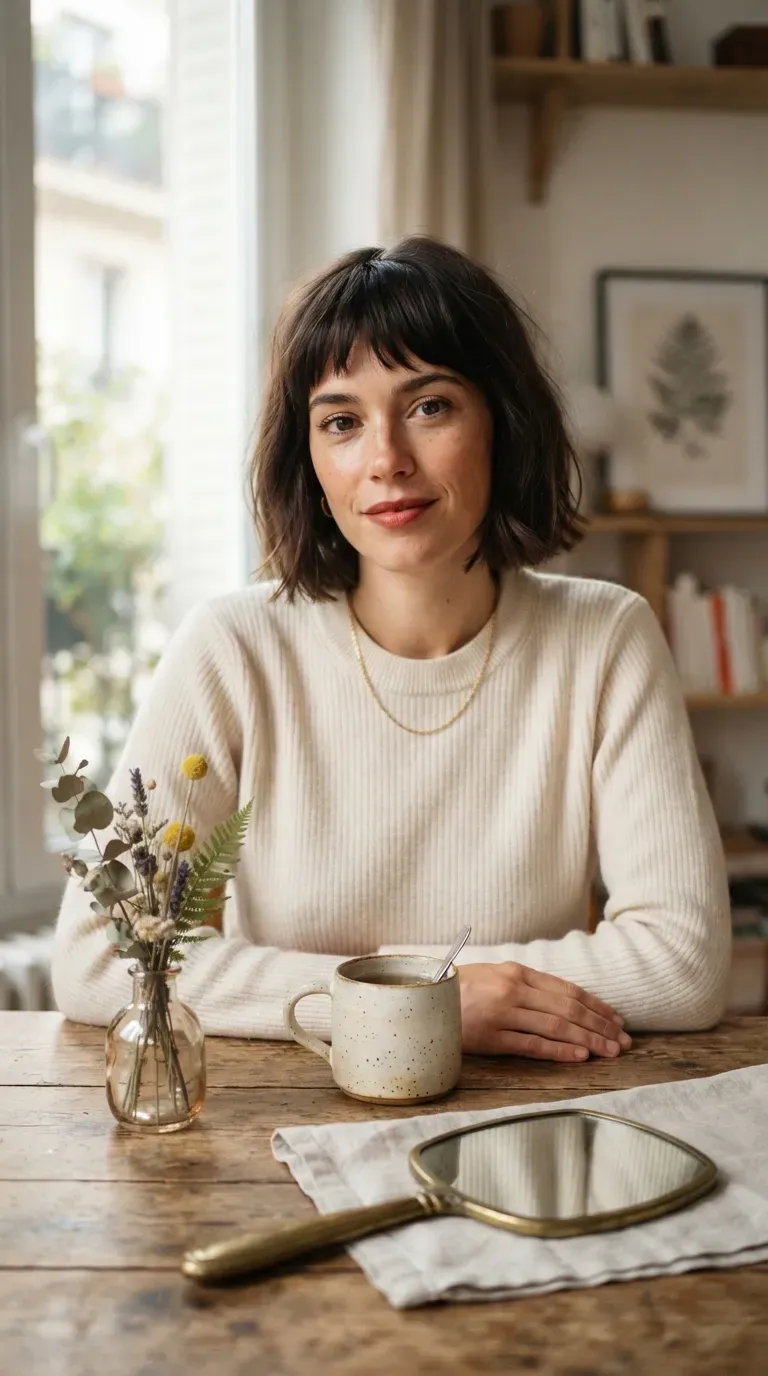 Woman with a chin-length choppy French bob and soft eyebrow-grazing fringe