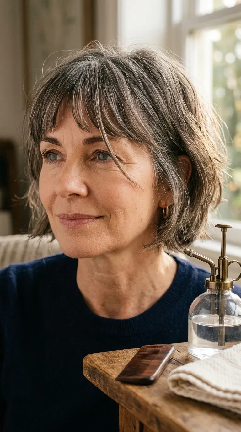 Woman over 50 with a choppy layered bob and piecey bangs falling across the brow