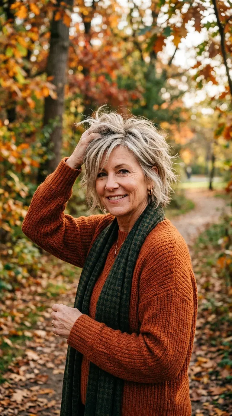 Mature woman with choppy layered hair styled for maximum volume and texture