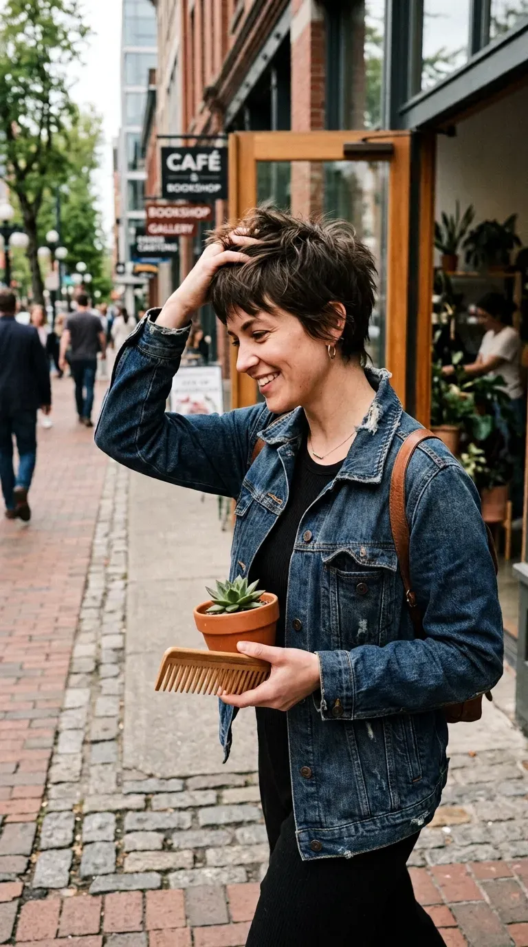 Woman with a choppy pixie cut demonstrating texture and lift for fine hair