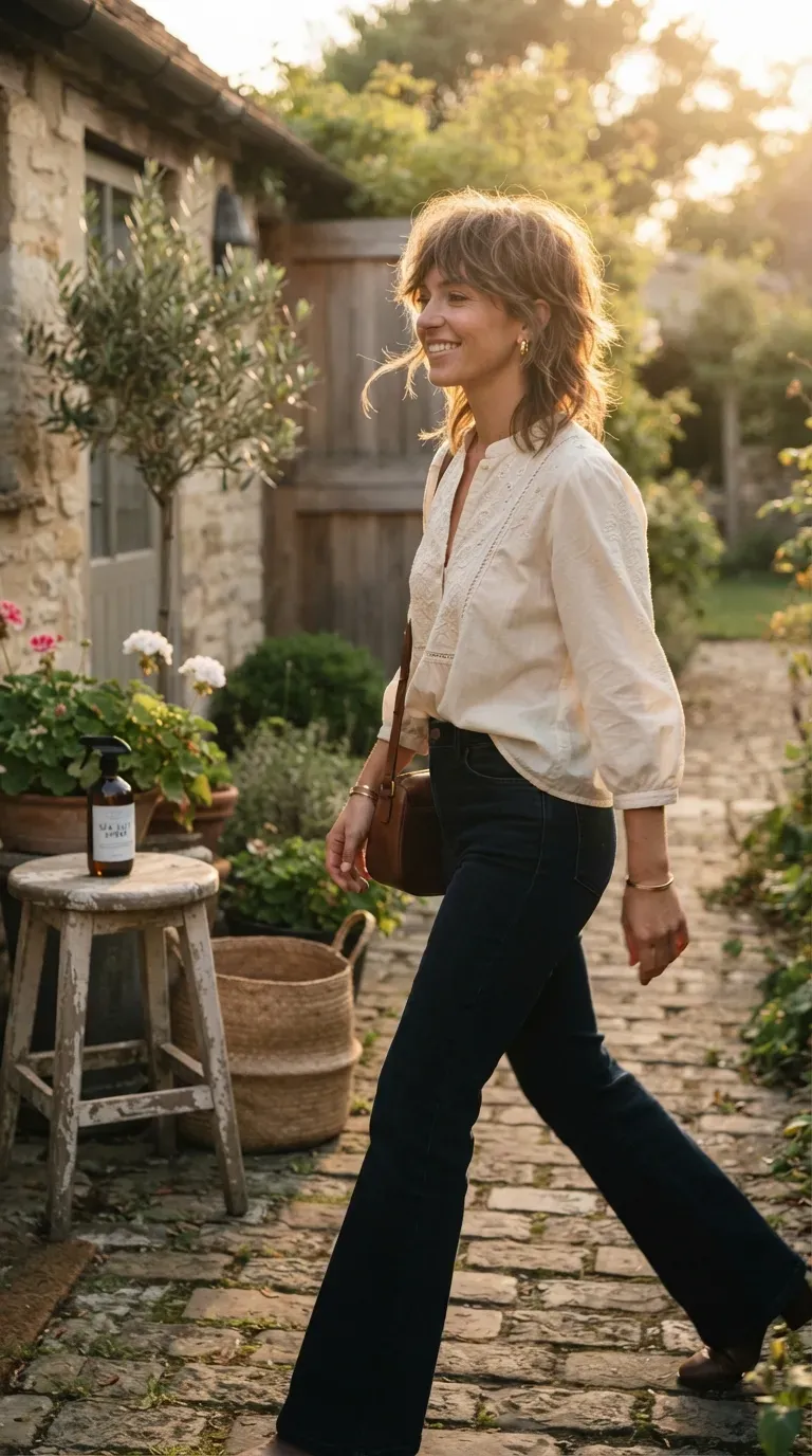 Woman walking with a choppy shag bob showing heavy layering and movement