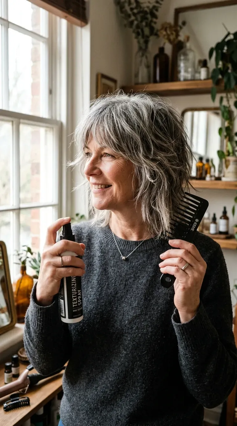 Woman over 60 with a shaggy, heavily layered choppy bob