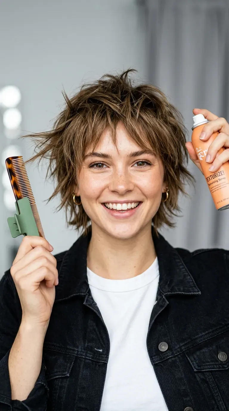 Choppy layered spiky haircut adding texture for older women with fine hair