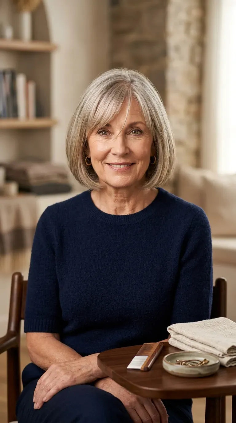 Woman over 70 with a classic bob paired with soft, face-framing bangs