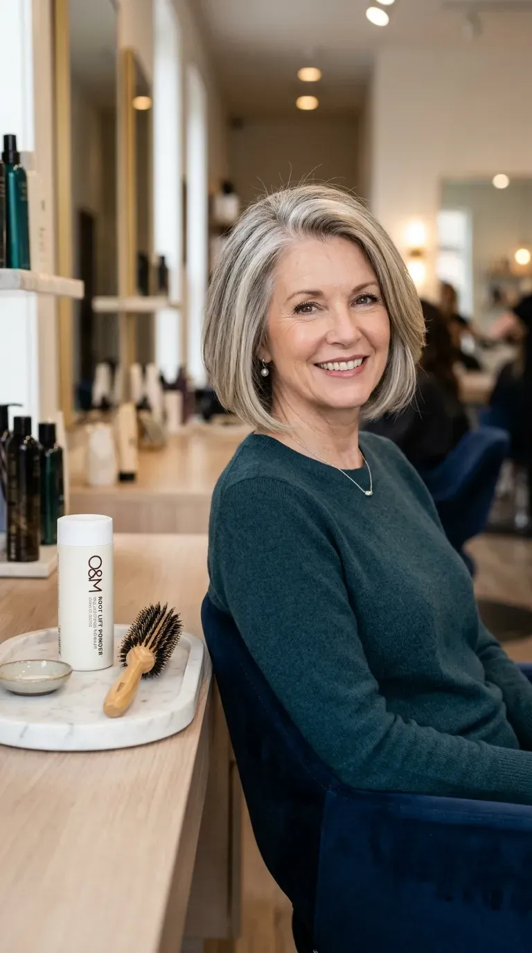 Woman over 60 with a classic bob styled with noticeable lift at the roots