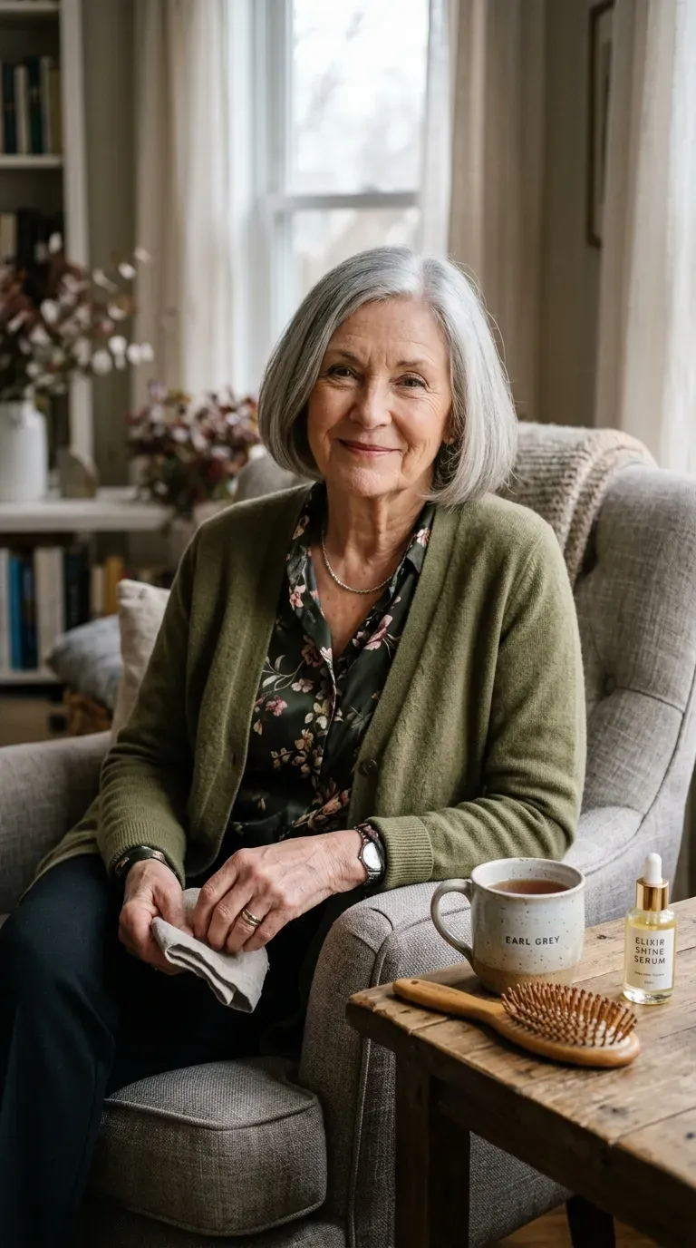 Woman over 70 with a classic chin-length bob styled simply and elegantly