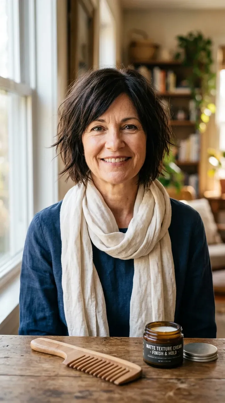 Woman over 60 with a classic chin-length choppy bob with textured ends