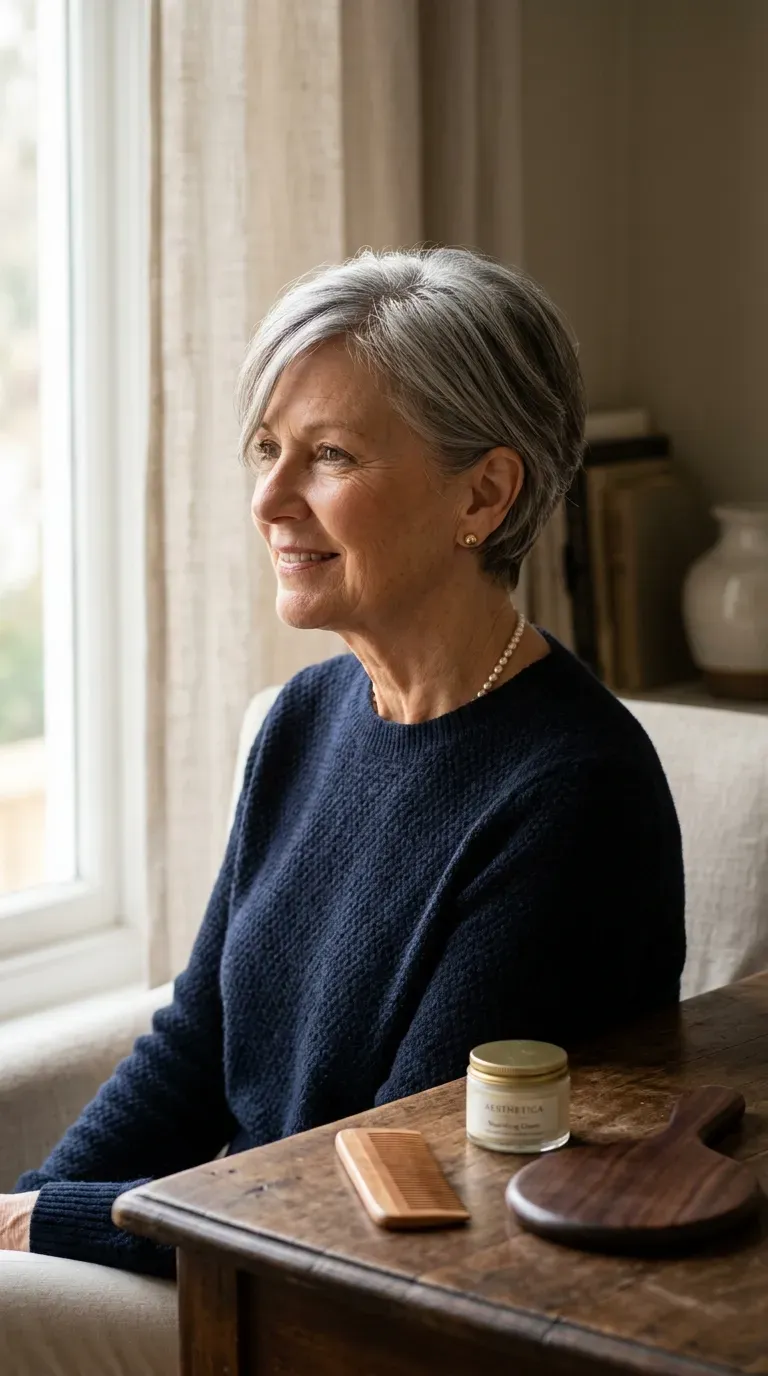 Woman over 60 with a classic crop featuring soft, blended layers throughout