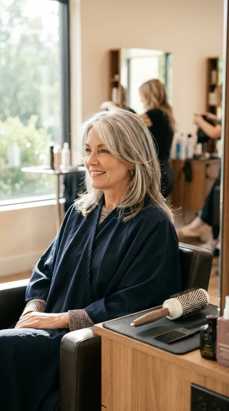 Woman over 50 with classic face-framing layers for a softer overall look