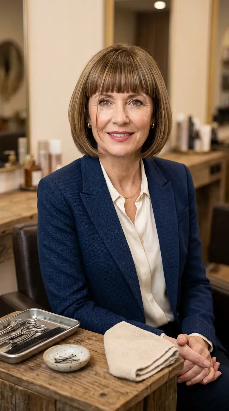 Woman over 50 with a classic layered bob and a straight, blunt-cut fringe
