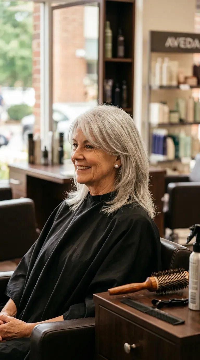 Woman over 60 with classic layered medium haircut featuring face-framing pieces