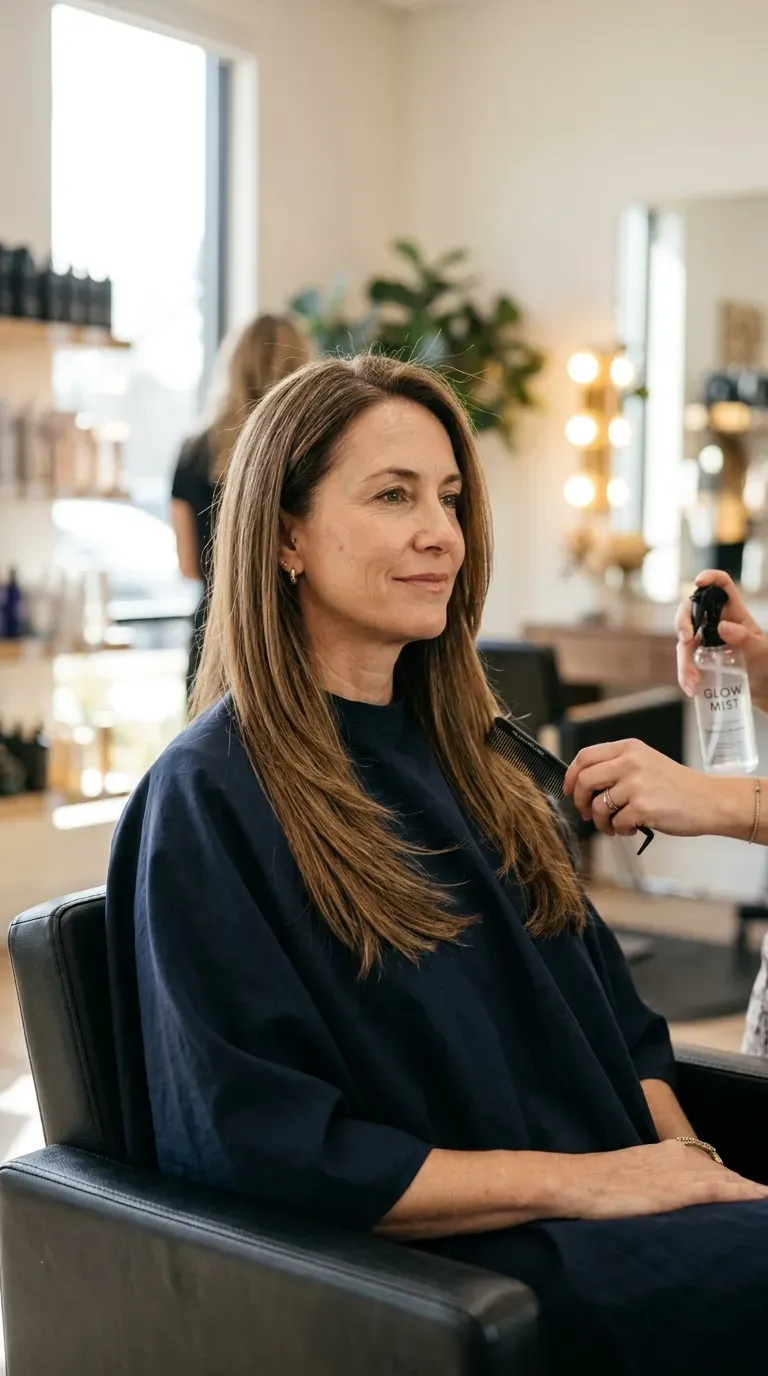 Woman over 40 with classic long layered straight hair falling past her shoulders