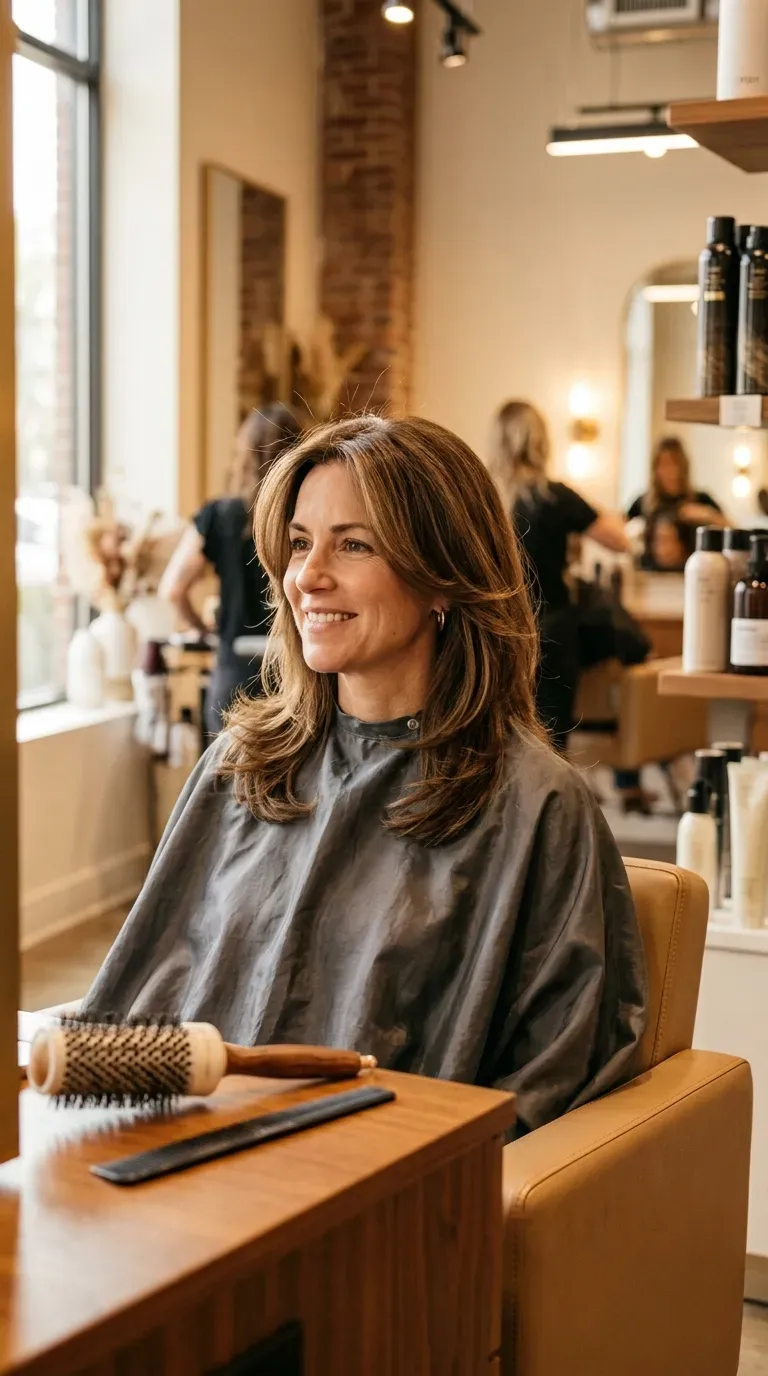 Woman over 40 with medium length layered haircut featuring soft face-framing pieces