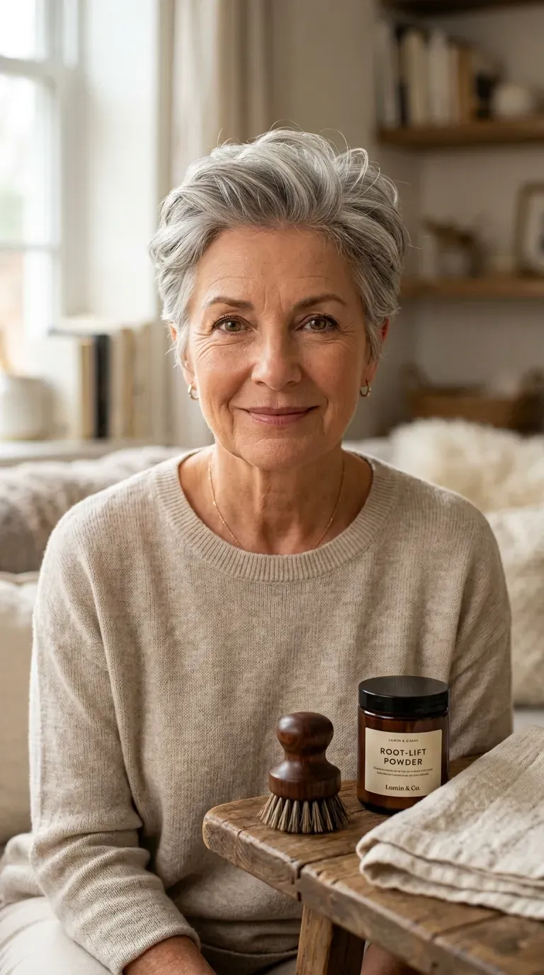 Woman over 60 with a classic pixie crop showing soft, full volume at the crown