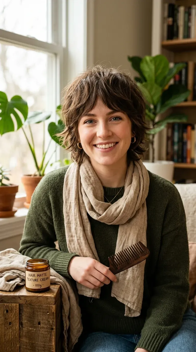 Woman with a classic short shag haircut featuring textured, layered ends