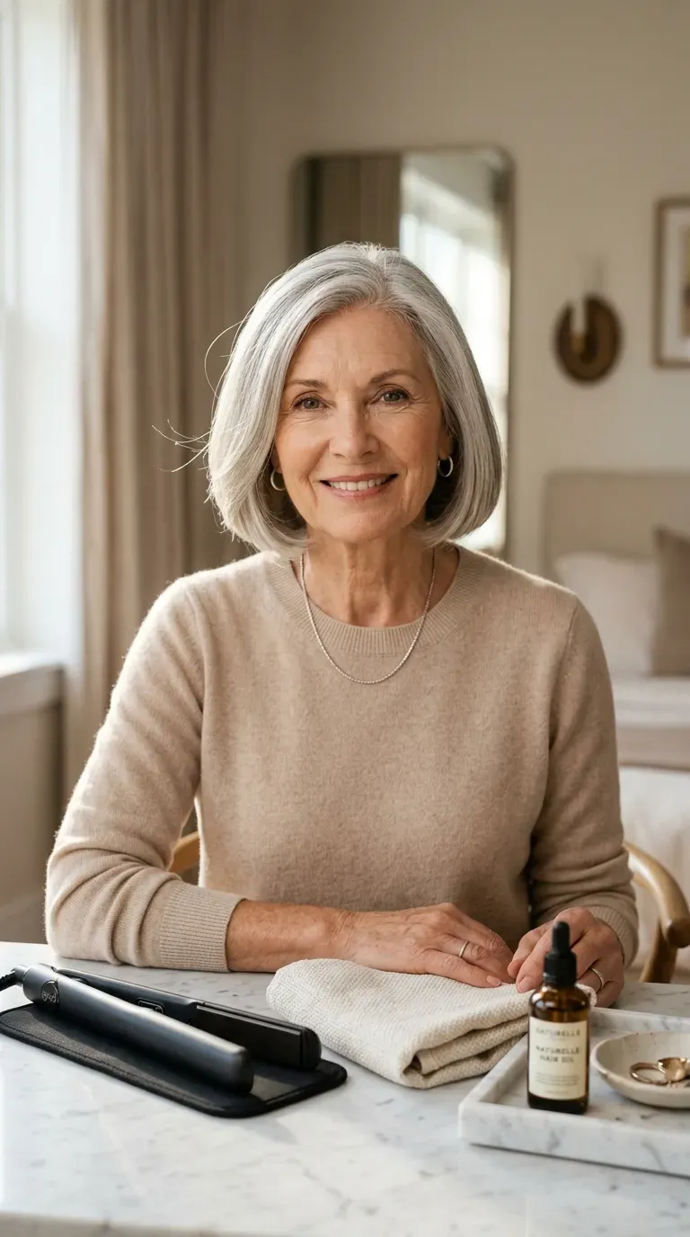 Woman over 70 with a classic silver bob styled smooth and polished