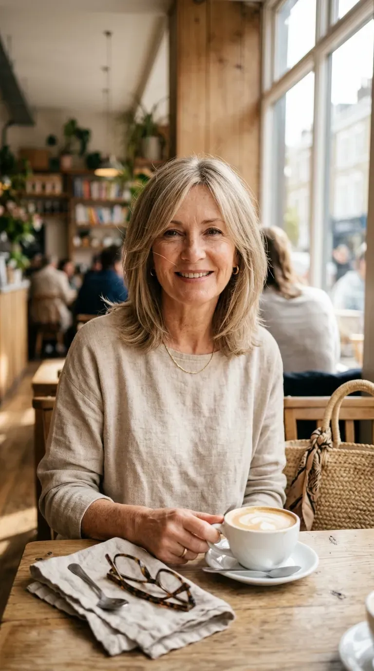 Mature woman with collarbone-length hair and feathered front layers moving softly in daylight