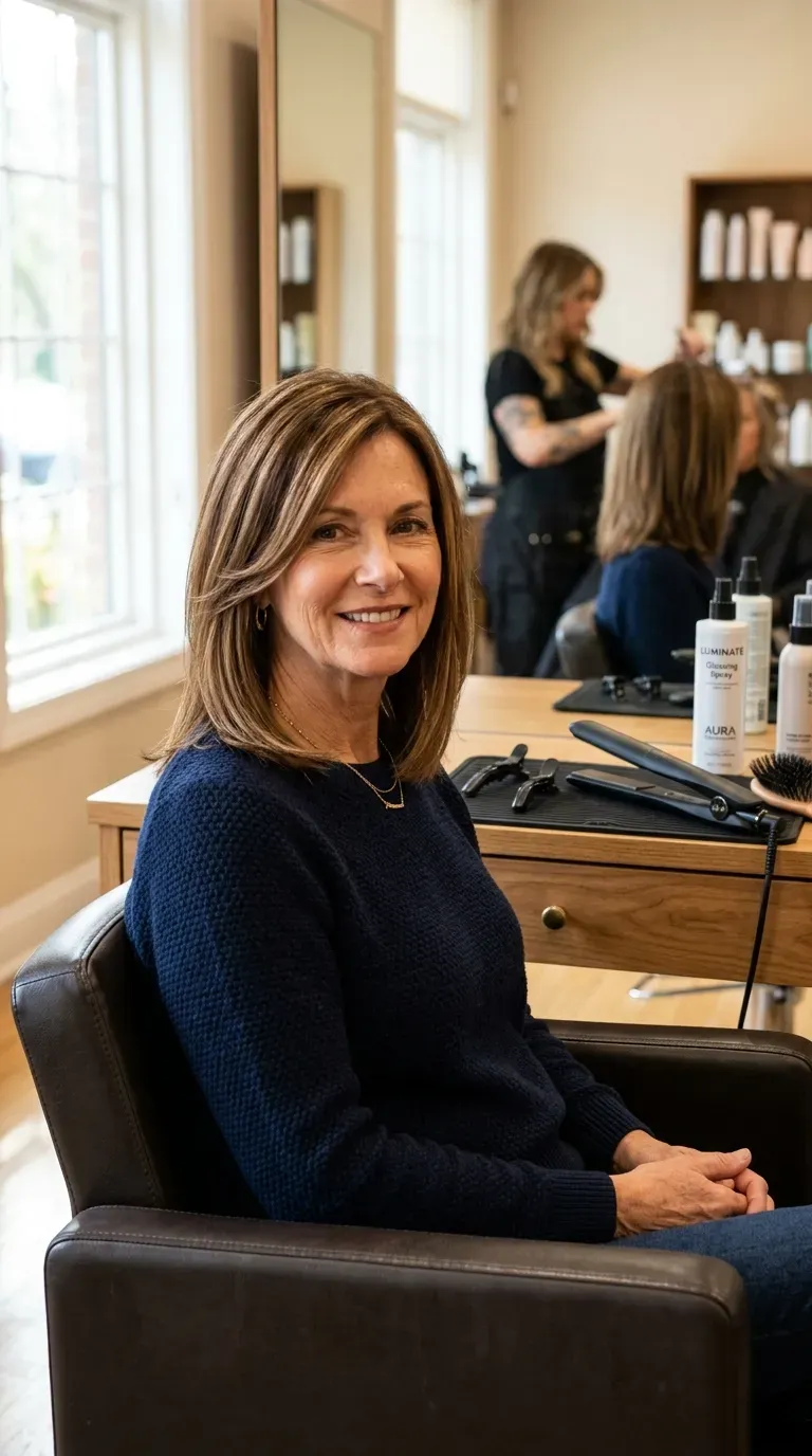 Woman over 50 with collarbone-length straight layered hair featuring face-framing pieces