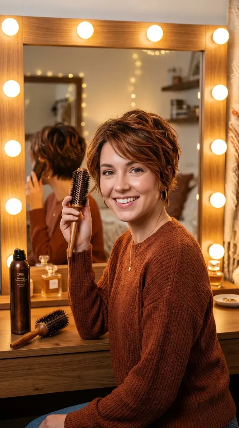 Layered pixie cut with warm copper-brown balayage throughout the crown