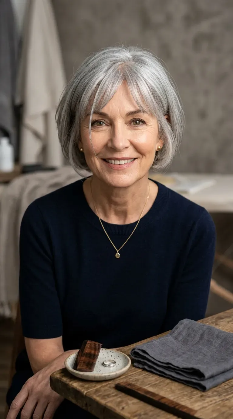 Woman over 60 with a cropped bob paired with soft, face-framing bangs