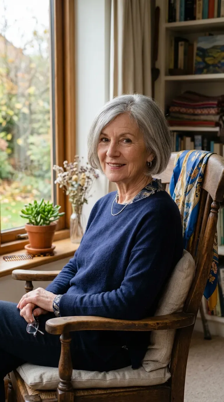 Woman over 60 with a cropped bob styled with a soft side sweep across the forehead